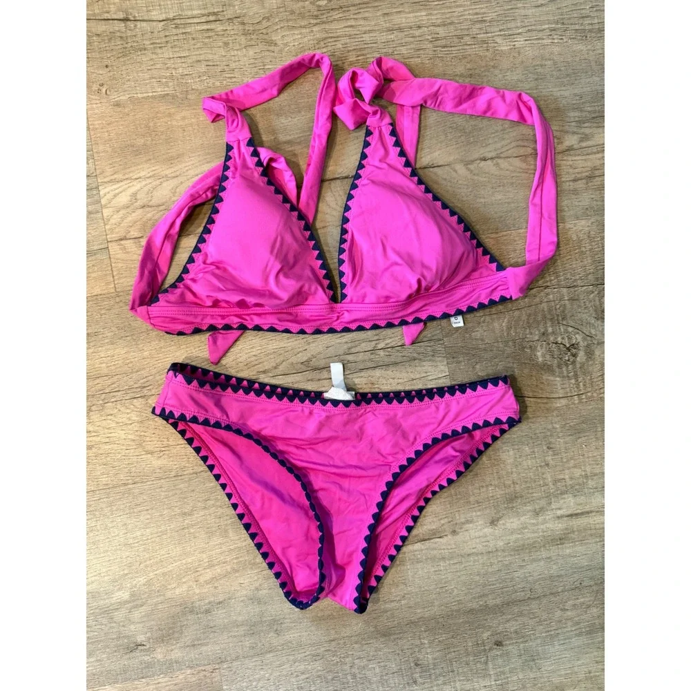 Lucky Brand Swim Womens Hot Pink Navy Scallop Trim Halter Bikini Set Size Medium